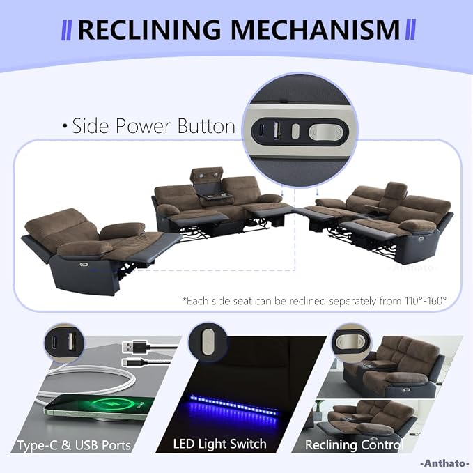 Power Recliner Sofa Set, Corduroy & Leather Fabric Reclining Sofa Couch - Image 7