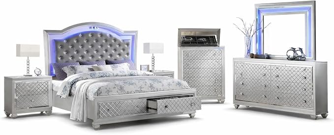 First of a Kind Shiney Contemporary 5 Piece Queen Bedroom Set High Gloss Silver - Image 2