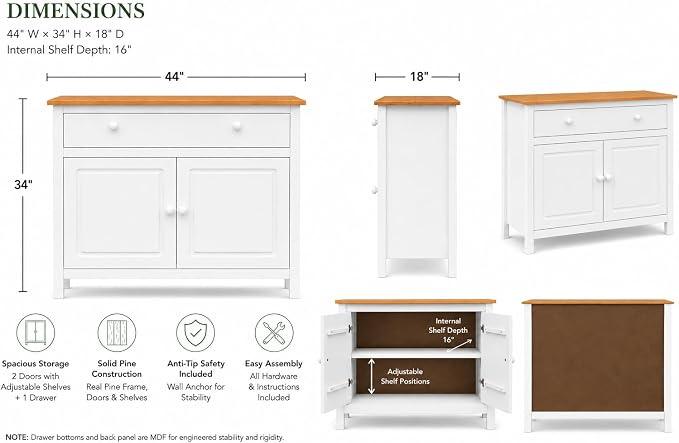 From the Tree Furniture 44" Wide White & Pine Top Solid Pine Shaker Sideboard - Image 2