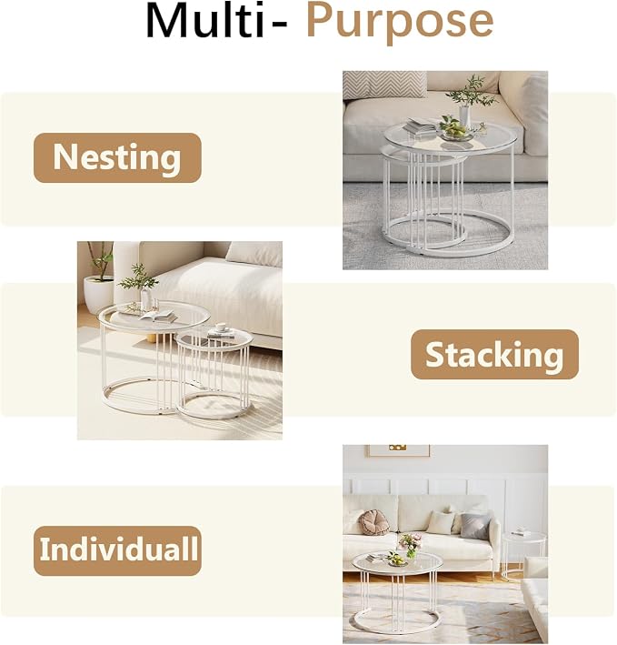 Garden 4 you Nesting Coffee Table, 23.6" Round Coffee Table Set of 2, Glass - Image 7