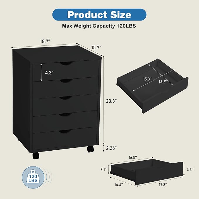 OLIXIS 5 Drawer Mobile File Cabinet Under Desk Storage Organization - Image 3