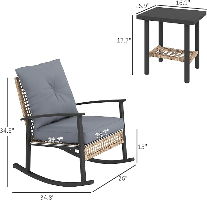 Outsunny 3 Pieces Rocking Wicker Outdoor Bistro Set, Rattan Patio Furniture Set - Image 7