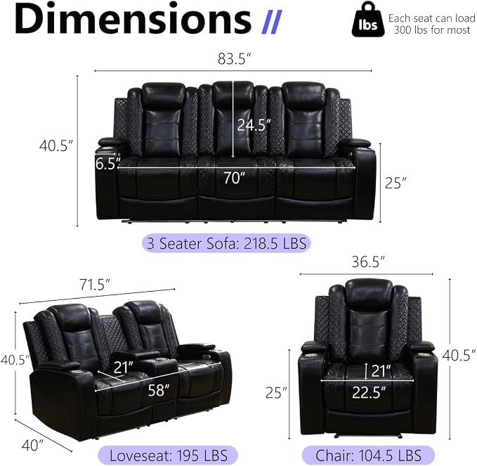 Leather Power Recliner Sofa Set, Living Room Furniture Sets, 2 Piece Reclining - Image 2