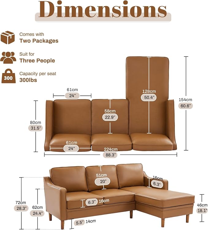 Kingfun 88" L-Shape Sofa, Faxu Leather Sectional Couch, Mid Century Modern - Image 2