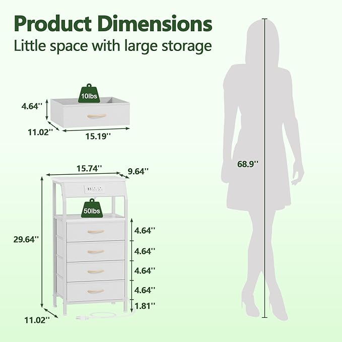 Furnulem Night Stand with Charging Station, Dresser with PVC & Fabric Drawers - Image 3