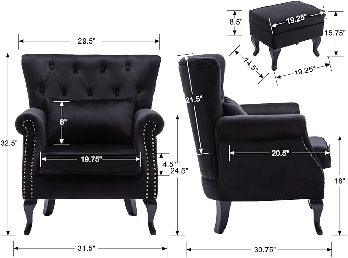 Accent Chairs with Ottoman Set of 2 Velvet Wingback Club Chair Upholstered - Image 3
