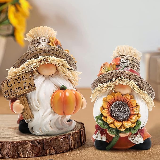 Hodao Fall Decorations for Home - Thanksgiving Gnome Figurines with Sunflower and Pumpkin, Resin Harvest Autumn Decor, Rustic Holiday Accent, for Family, Friends and Housewarming - Image 6