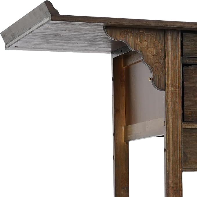 Bamboo MDF Altar Table with 2 Drawers and Storage Shelf, Retro Asian Design - Image 8