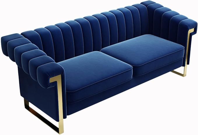 Mid-Century Modern Blue Velvet Sofa - Image 7