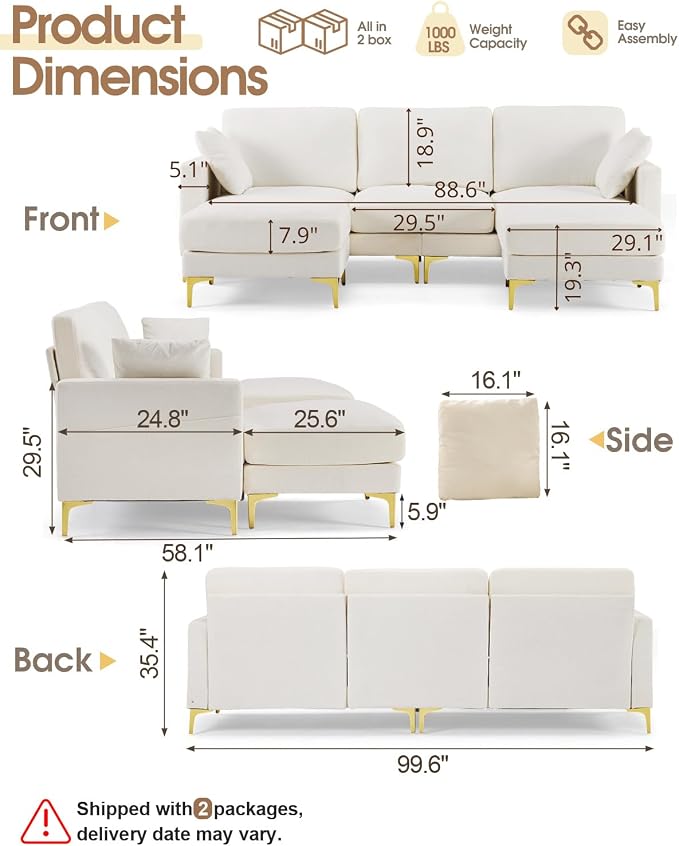 Karl home 99.6" Sectional Sofa, U-Shaped Chenille Upholstered Couch - Image 2