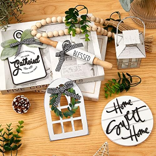 Houmury Set of 16 Farmhouse Tiered Tray Decor with 1 Lantern Artificial Plant& Cutting Board Sign for Rustic Home Kitchen Decor Tier Tray Decor Set (Tiered Tray Not Included) - Image 4