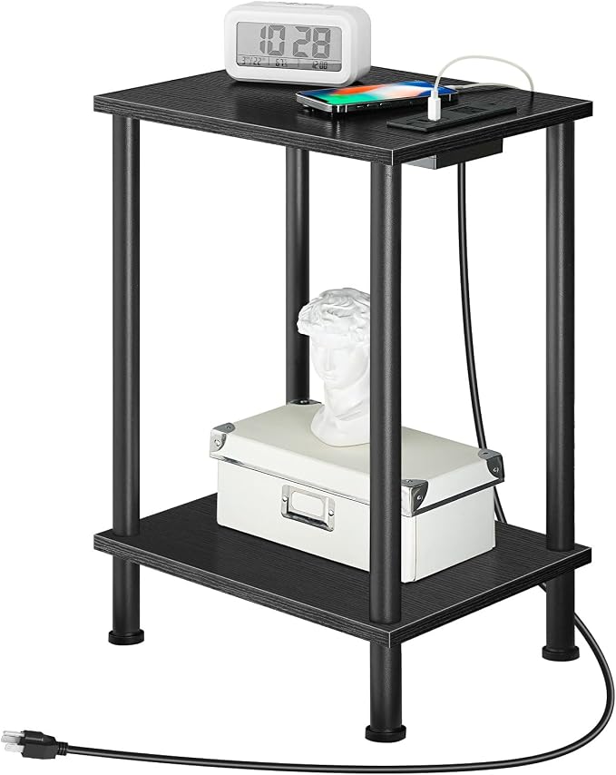 HOOBRO Side Table with Charging Station, Nightstand with 2-Layer Storage Shelves - Image 9
