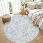 Round Area Rug Living Room: 8ft Neutral Washable Carpet Rug Gray | Vintage Boho - Image 4
