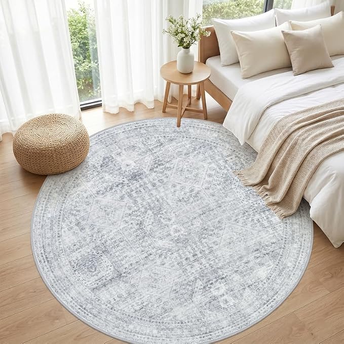 Round Area Rug Living Room: 8ft Neutral Washable Carpet Rug Gray | Vintage Boho - Image 4