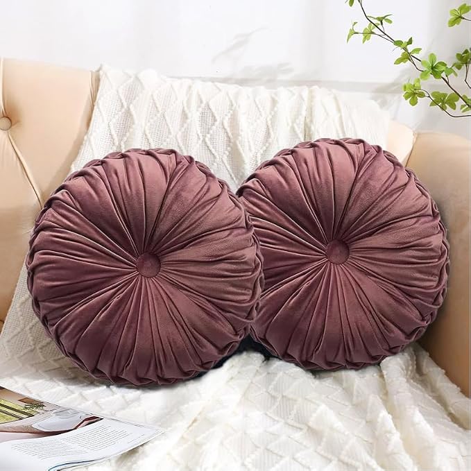 HIG Set of 2 Dusty Rose Velvet Decorative Round Pleated Throw Pillows | Vintage by HIG