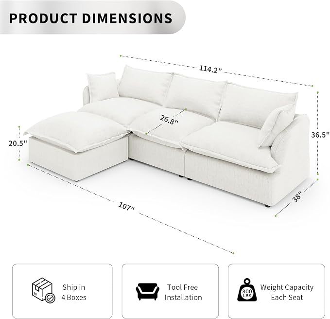 Cloud Sectional Sofa, 114.2" Large L Shape Convertible Modular Couches - Image 2
