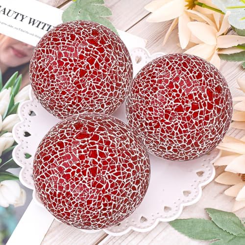 3 Pcs Decorative Balls for Bowls,3.15" Red Mosaic Glass Balls - Image 5