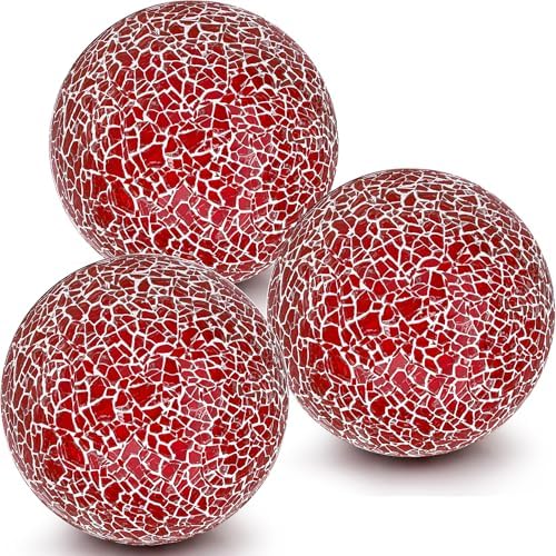 3 Pcs Decorative Balls for Bowls,3.15" Red Mosaic Glass Balls by Kepfire