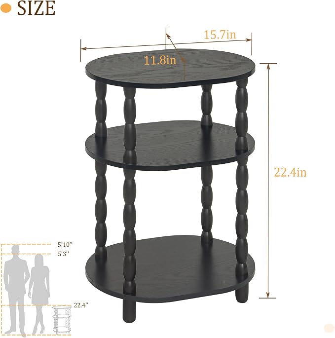 MaxSmeo Black Side Table, 3-Tier Small Oval End Table, Modern Night Stand Wood - Image 3