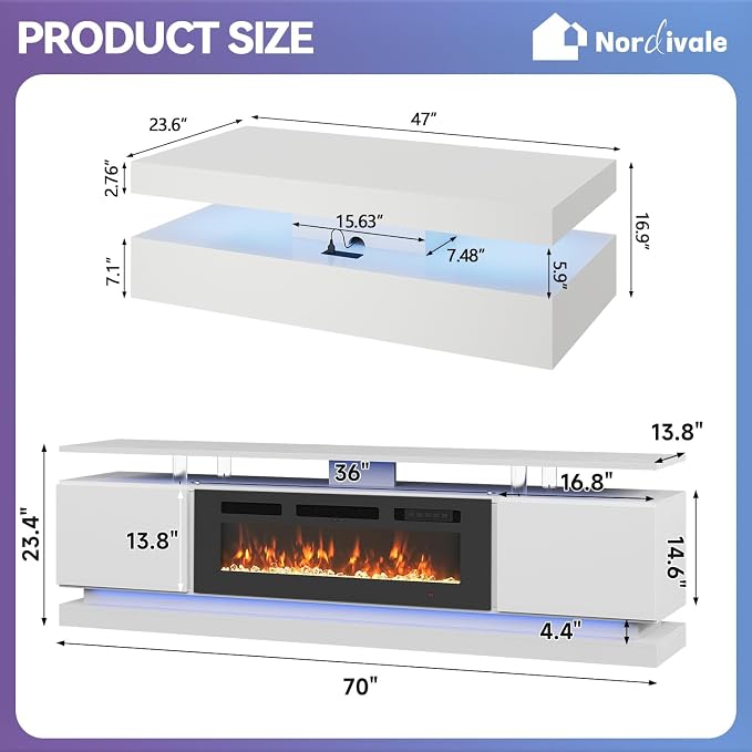 Modern Table Set Includes 70" Fireplace TV Stand & 47" Coffee Table - Image 3