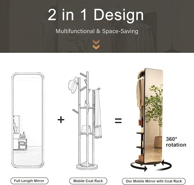 Muwuele Solid Wood Full Length Mirror Coat Rack, Floor Mirror - Image 3