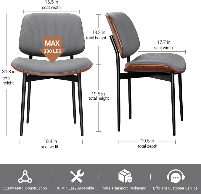 REONEY Dining Chairs Set of 4, Mid-Century Modern Upholstered PU Leather Chairs - Image 2