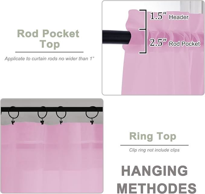 Pink Sheer Curtain 90 Inches Long 2 Panels Set, Solid Filmy Drapes - Image 5