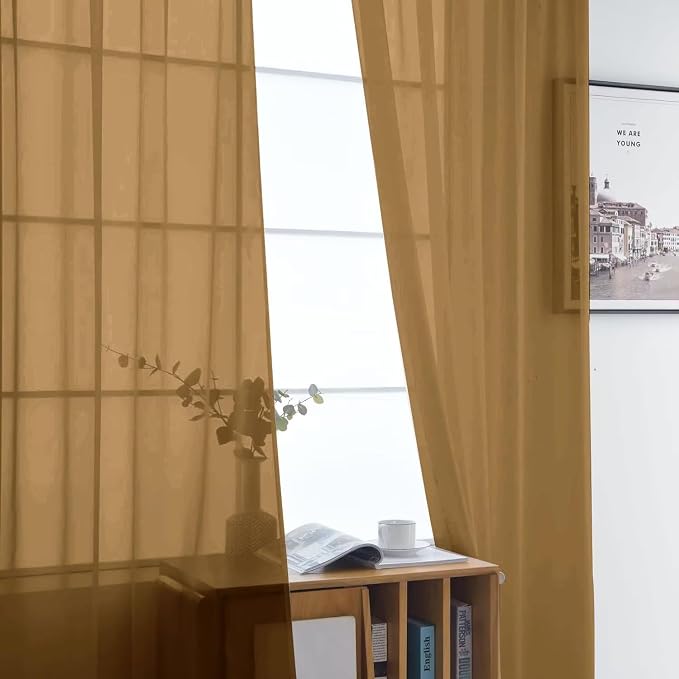 SpaceDresser Basic Rod Pocket Sheer Voile Window Curtain Panels Khaki 1 Pair 2 - Image 4