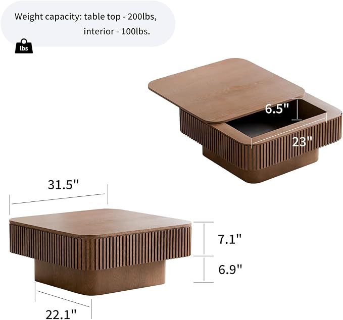 Square Coffee Table for Living Room, Fluted Drum Accent Tea Center Table - Image 2
