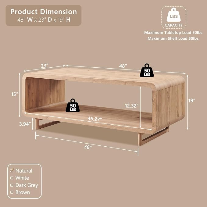 IFGET 48" Modern Coffee Table, 2-Tier Minimalist Center Table - Image 2