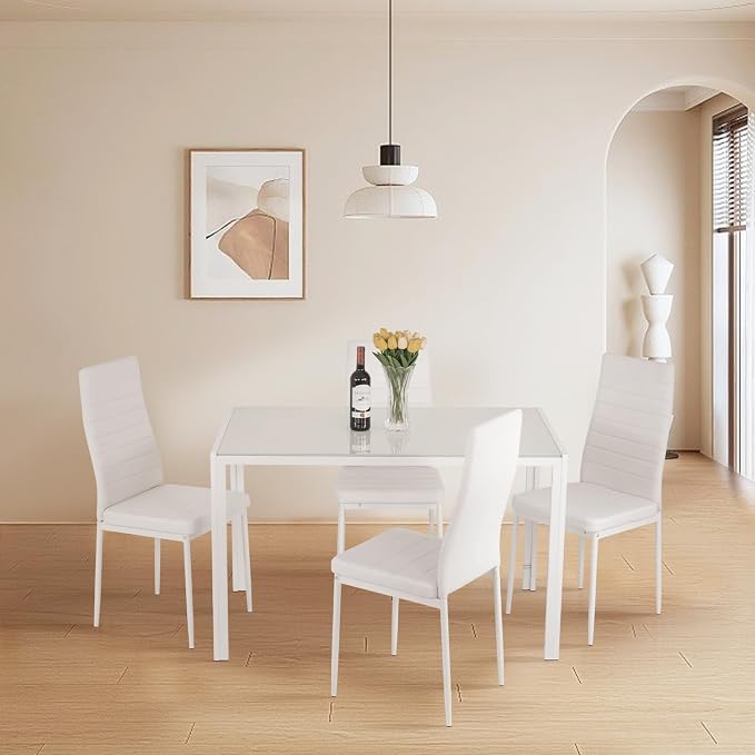 FDW | 5-Piece Dining Table Set | White | Glass Kitchen Table - Image 2