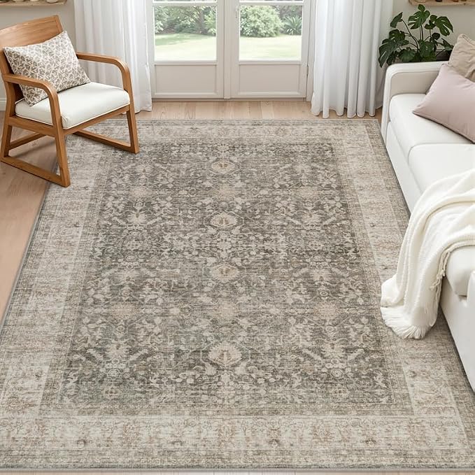 6x9 Area Rugs Living Room: Bedroom Washable Carpet Warm Taupe | Large Vintage by Luxturiy