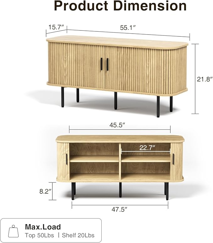 55''W Natural Storage Cabinet, Media Console, Tambour TV Stand, Television - Image 2
