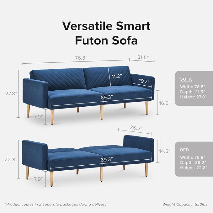 mopio 76.4" Futon Sofa Bed, Sleeper Sofa, Mid Century Modern Futon Couch - Image 2