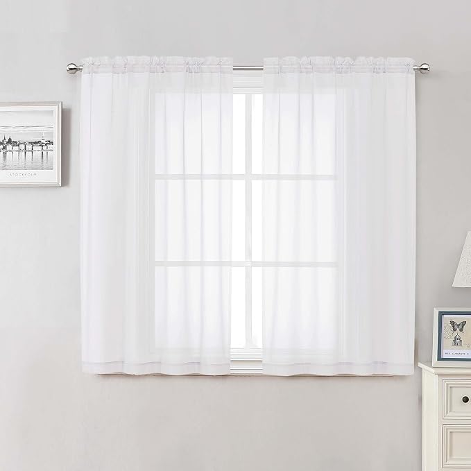 White Sheer Curtains 50 Inch Length 2 Pcs, Light Filtering Voile Bathroom by Lecloud