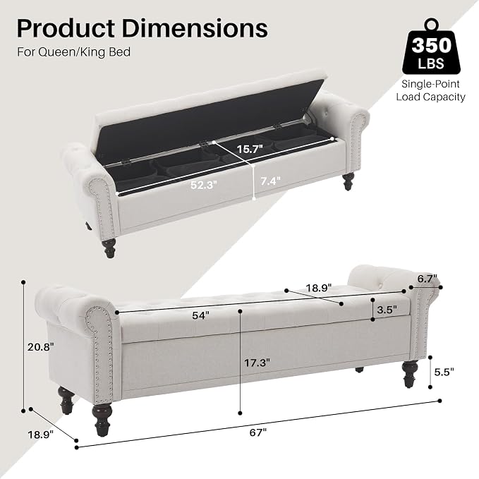 SOFTHION Storage Bench for Bedroom, Upholstered Linen Storage Ottoman - Image 2