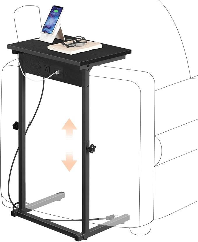 HOOBRO C-Shaped End Table with Charging Station, Adjustable Height Sofa Tray by HOOBRO
