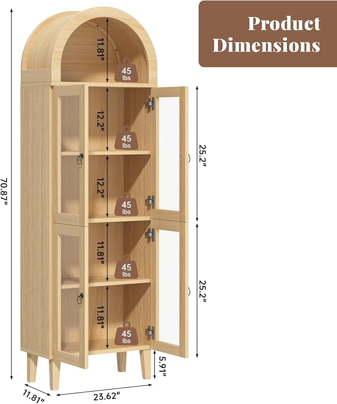71" Tall Arched Cabinet with Acrylic Door, Modern Curio Arched Bookcase with - Image 2