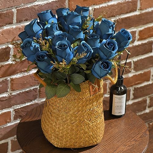 Artificial Rose Flowers 12 Heads 2 Bundles Silk Rose Bouquets, Navy Blue - Image 2