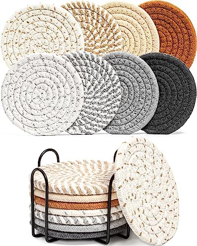 Effectyou 8 Pcs Drink Coasters with Holder, 8 Colors Absorbent Coasters for Drinks Minimalist Cup Coasters Cotton Coaster Set Woven Coasters for Coffee Table Home Decor Bar Housewarming Gift, 4.3 Inch by Unknown