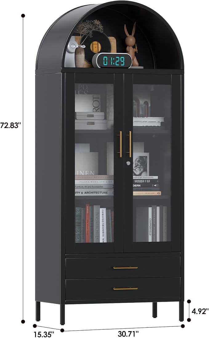 73" Tall Display Cabinet with Glass Doors and 2 Drawers, Metal Arched Cabinet - Image 2