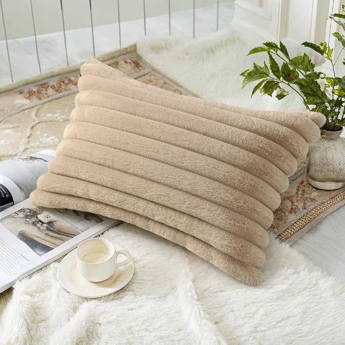 decorUhome Fall Faux Fur Throw Pillow Covers 12x20 Set of 2 Khaki Brown | - Image 4