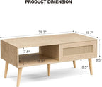 ZttRiee Wood Coffee Table with Storage, Boho Dining Table with Sliding Rattan - Image 2