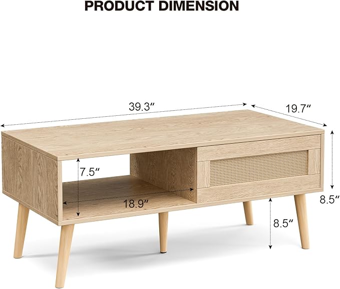ZttRiee Wood Coffee Table with Storage, Boho Dining Table with Sliding Rattan - Image 2