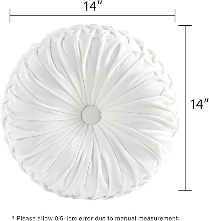 HIG Set of 2 Off White Velvet Decorative Round Pleated Throw Pillows | Vintage - Image 5