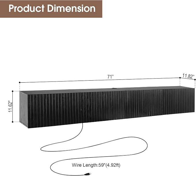 71” Floating TV Stand with LED Lights & Charging Station, Floating Media - Image 8