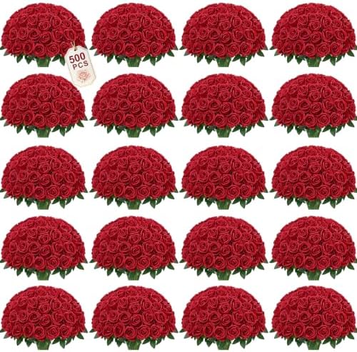 500Pcs Red Roses Artificial Flowers, Realistic Silk Fake Roses Bouquet by Yastouay