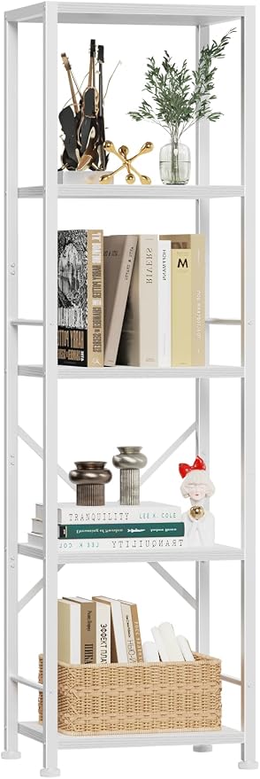Furologee White Bookshelf 5 Tier Bookcase, Tall Narrow Bookshelves, Modern by Furologee