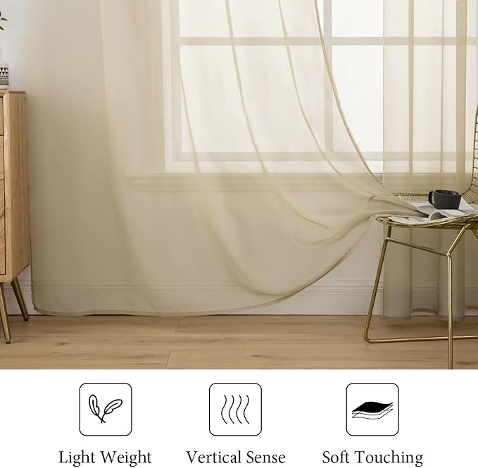 MIULEE 2 Panels Sheer Curtains for Living Room 54 X 84 Inches Beige | Window - Image 4