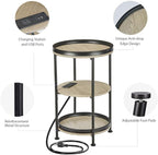 Dulcii Round Side Table with Charging Station, End Table with 3 Shelves - Image 9